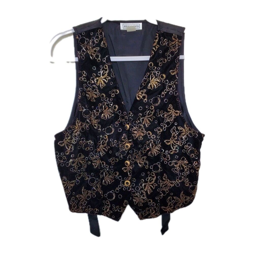 VTG Impressions of California Women Small Vest Black Velvet Glittered Bows Gold